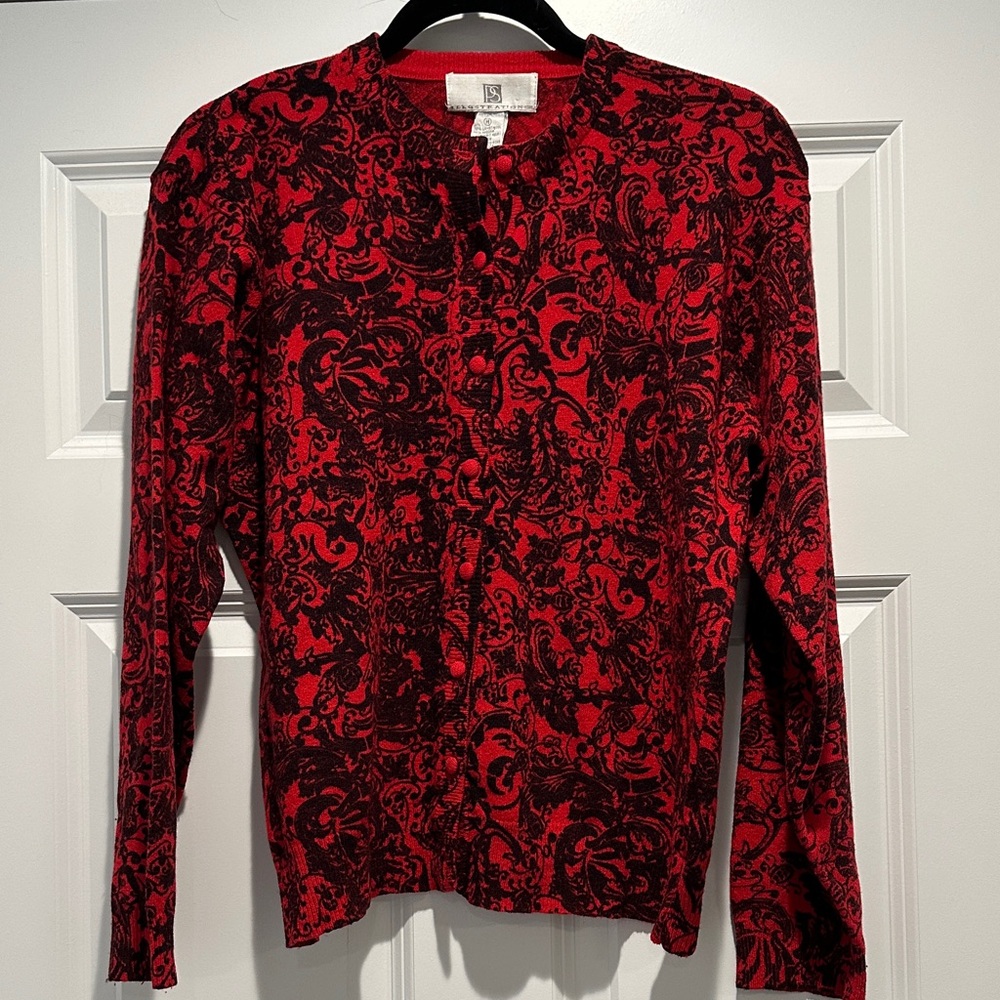 Vintage PS Illustrations Angora & Wool Red Black Cardigan Sweater Holiday M Goth